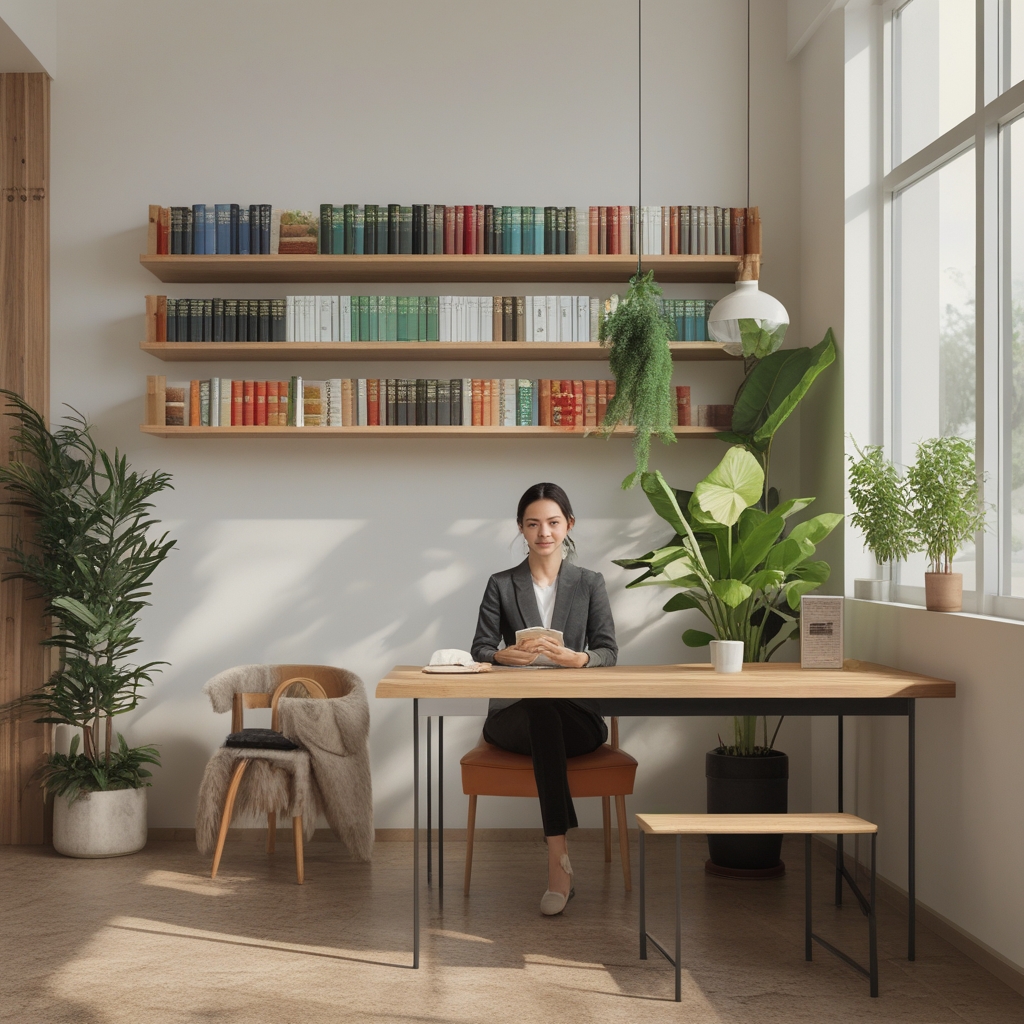 Ruang baca modern minimalis dengan rak buku penuh buku kesehatan dan nutrisi, meja kayu bersih dengan tanaman kecil hijau, suasana belajar yang tenang dan intelektual