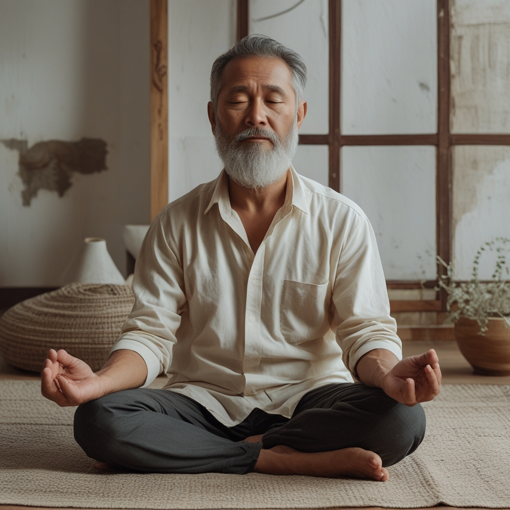 Pria dewasa berusia sekitar 50 tahun dengan rambut abu-abu sedang duduk bersila di atas matras biru di ruang terbuka dengan lantai kayu, melakukan meditasi dengan mata tertutup dan ekspresi damai, cahaya alami masuk dari jendela besar