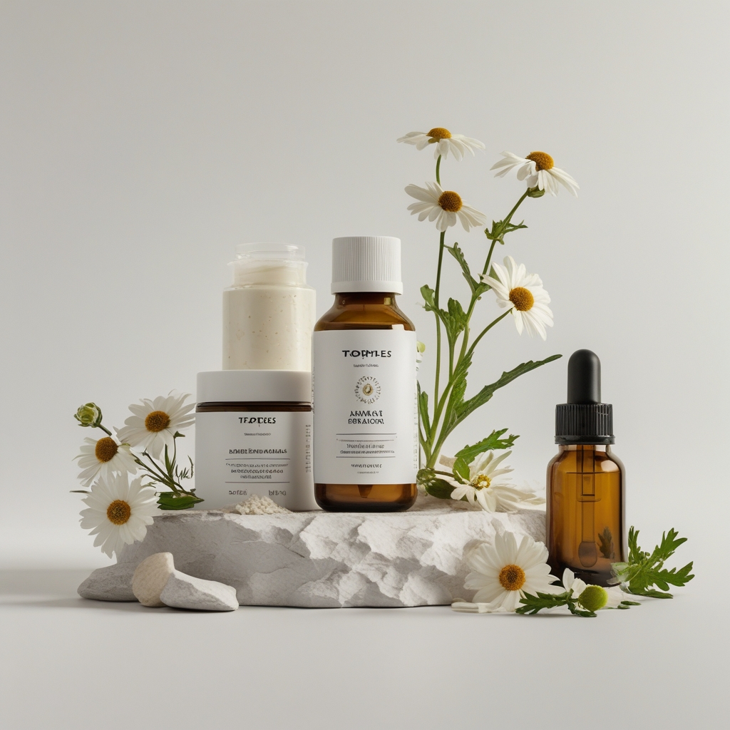 Berbagai bahan perawatan kulit alami di atas permukaan marmer putih termasuk toples krim berwarna krem, minyak esensial dalam botol kaca kecil, lidah buaya segar dipotong, dan bunga chamomile kering