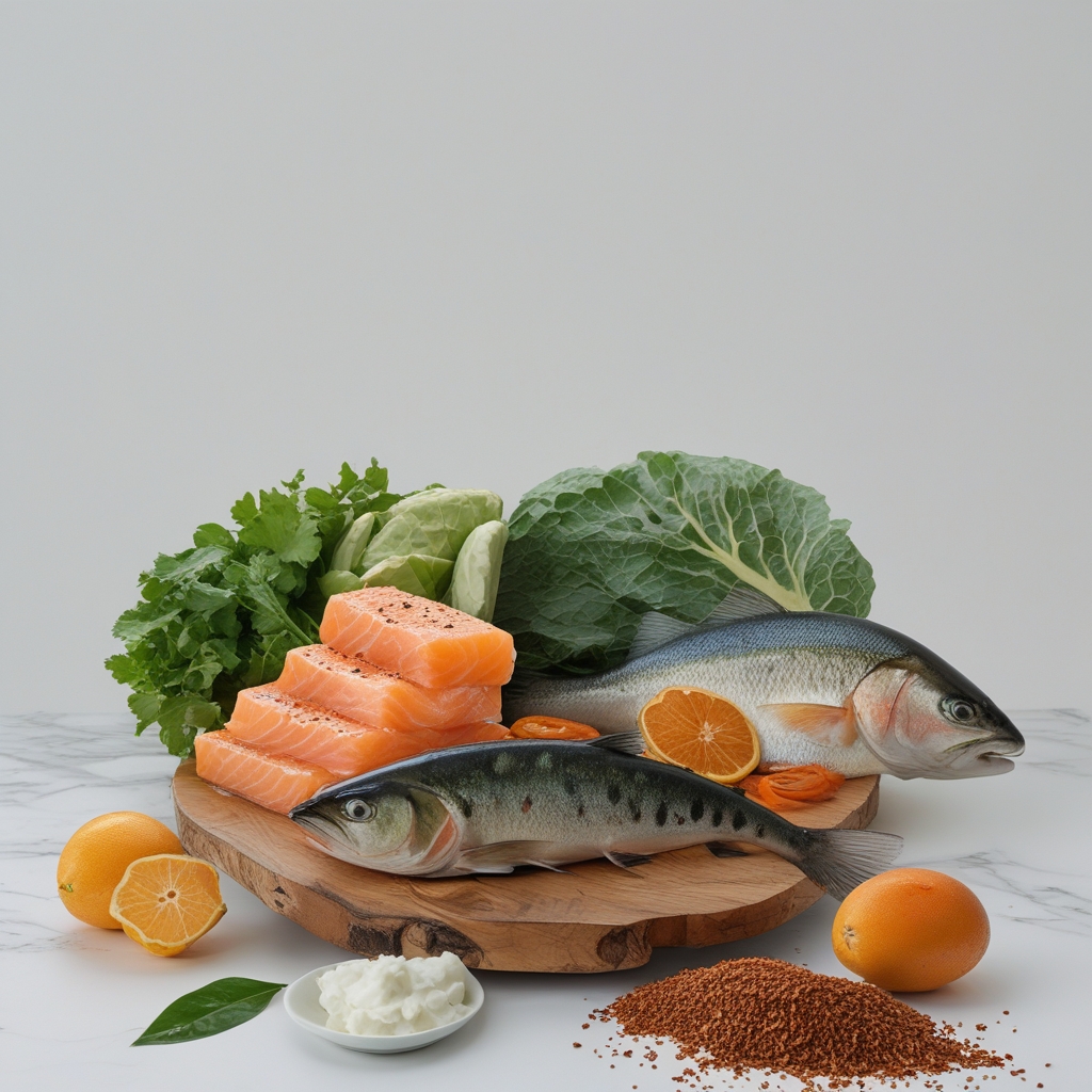 Tampilan atas berbagai makanan bergizi tinggi di atas meja kayu termasuk alpukat belah dua, kacang-kacangan beragam, ikan salmon fillet segar, sayuran hijau brokoli, dan buah-buahan berwarna cerah